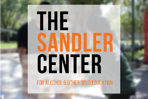 The Sandler Center For Alcohol & Other Drug Education Logo over peer educators hosting an event